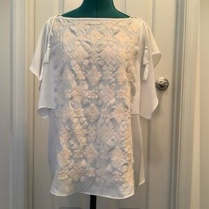 Mossimo Women's Large Embroidered Ivory Flutter Sleeve Blouse Tassel Ties
